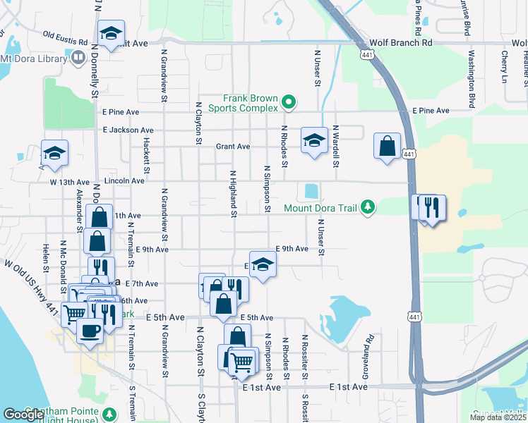 map of restaurants, bars, coffee shops, grocery stores, and more near 1130 Robin Hood Court in Mount Dora