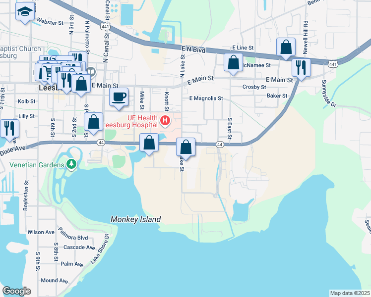 map of restaurants, bars, coffee shops, grocery stores, and more near 715 East Dixie Avenue in Leesburg