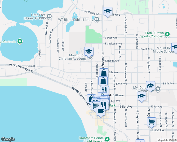 map of restaurants, bars, coffee shops, grocery stores, and more near 405 West 11th Avenue in Mount Dora