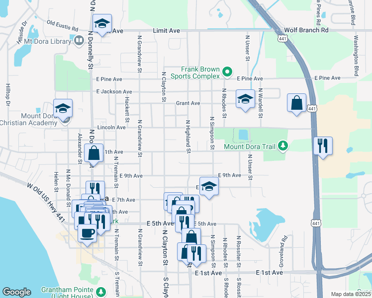 map of restaurants, bars, coffee shops, grocery stores, and more near 835 East 11th Avenue in Mount Dora