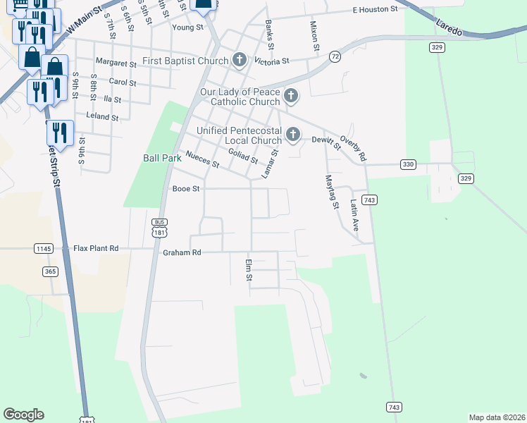 map of restaurants, bars, coffee shops, grocery stores, and more near 1329 Nueces Street in Kenedy