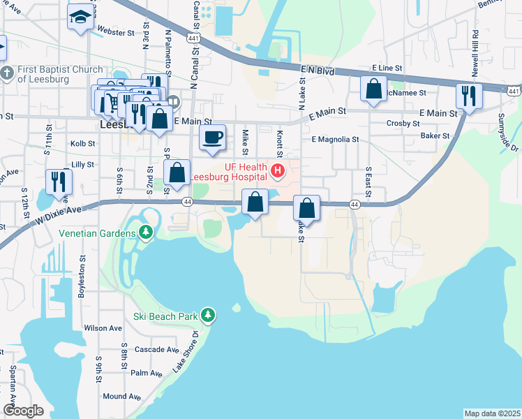 map of restaurants, bars, coffee shops, grocery stores, and more near 601 East Dixie Avenue in Leesburg