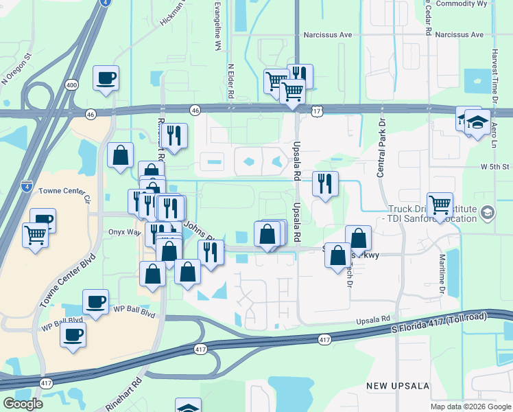 map of restaurants, bars, coffee shops, grocery stores, and more near Cardinal Cove Cir in Sanford