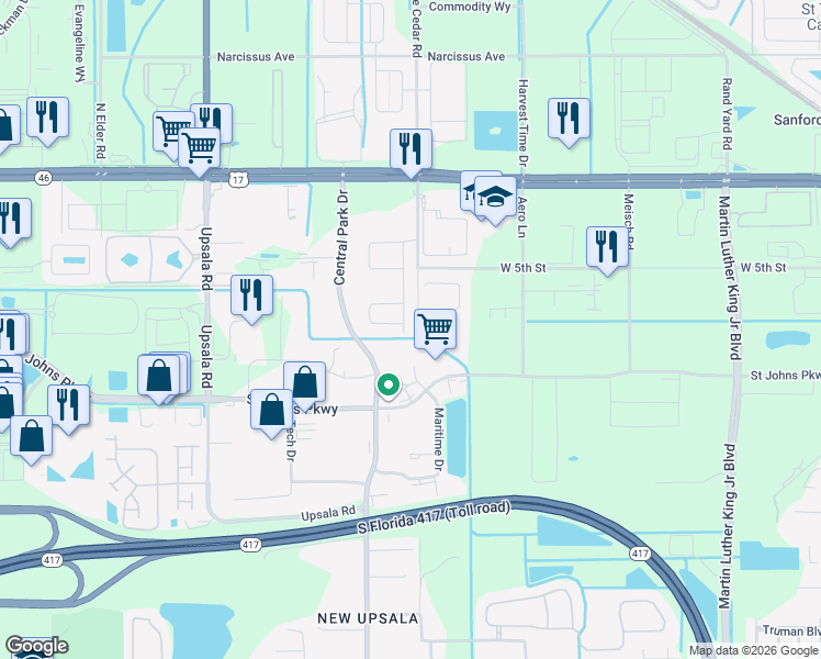 map of restaurants, bars, coffee shops, grocery stores, and more near 328 Cedar Bark Lane in Sanford