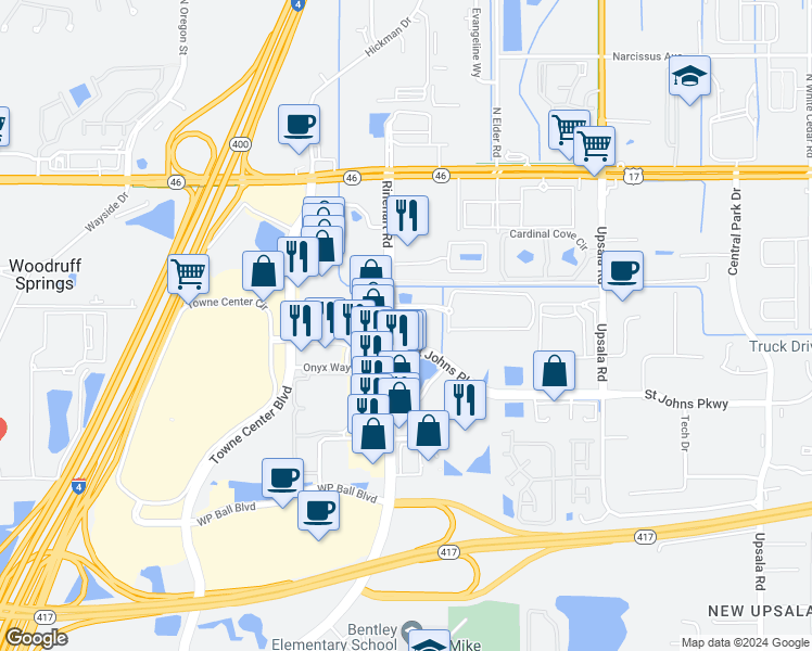 map of restaurants, bars, coffee shops, grocery stores, and more near 4585 St Johns Pkwy in Sanford