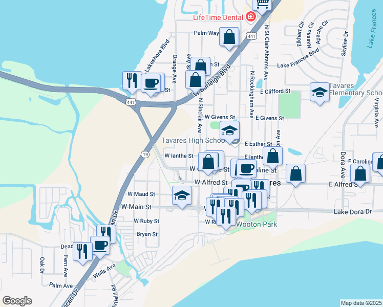 map of restaurants, bars, coffee shops, grocery stores, and more near 417 West Ianthe Street in Tavares