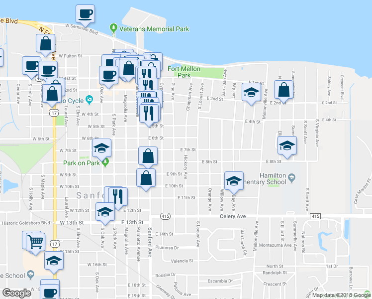 map of restaurants, bars, coffee shops, grocery stores, and more near East 7th Street in Sanford