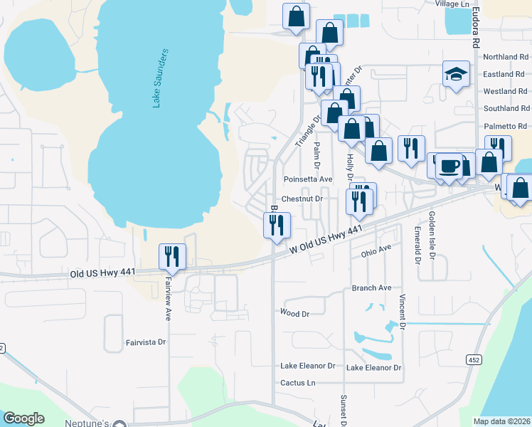 map of restaurants, bars, coffee shops, grocery stores, and more near 81 Palmetto Patch Road in Tavares