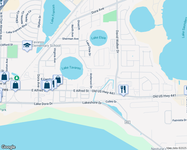 map of restaurants, bars, coffee shops, grocery stores, and more near 500 Anderson Drive in Tavares