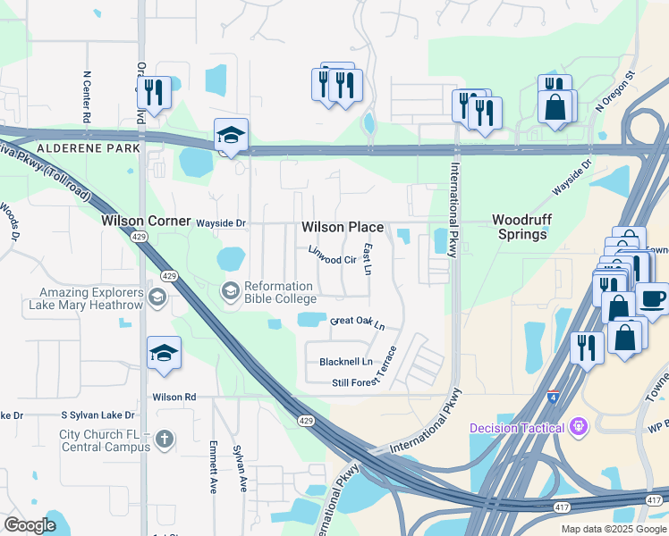 map of restaurants, bars, coffee shops, grocery stores, and more near 400 Wilson Place Drive in Sanford