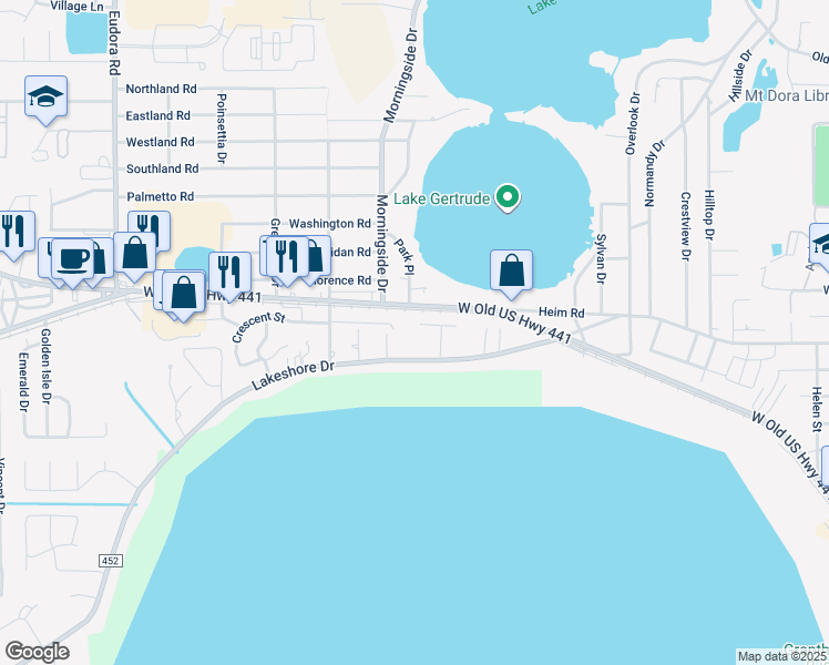 map of restaurants, bars, coffee shops, grocery stores, and more near 1866 Hamlin Court in Mount Dora