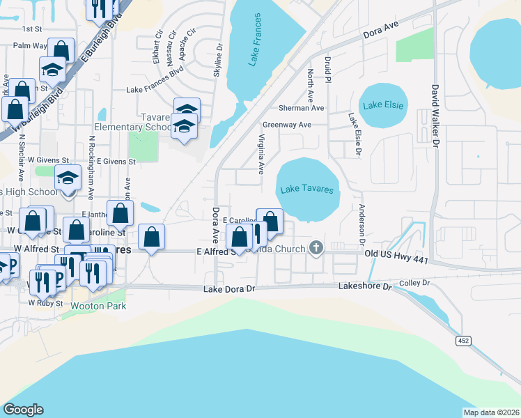 map of restaurants, bars, coffee shops, grocery stores, and more near 1147 East Caroline Street in Tavares