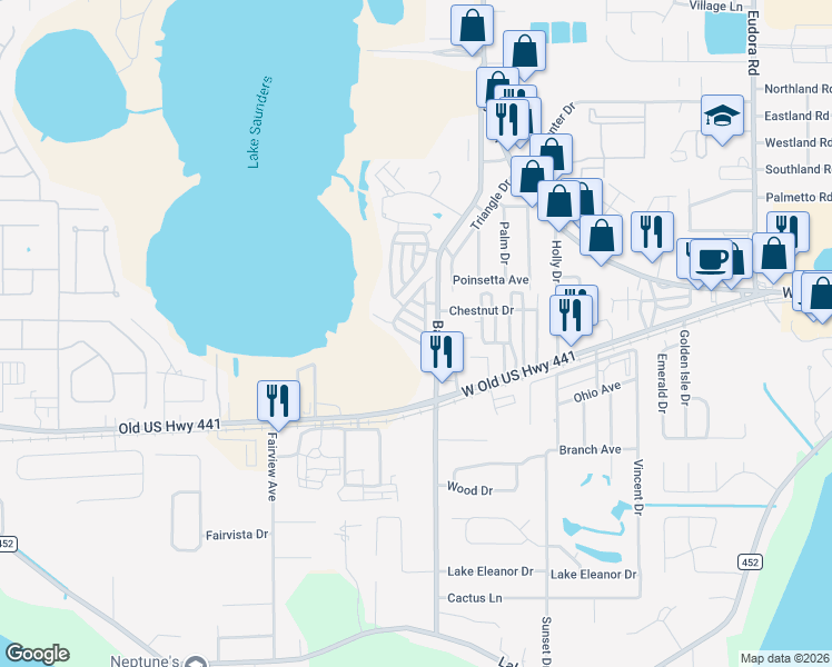 map of restaurants, bars, coffee shops, grocery stores, and more near 81-87 Palmetto Patch Road in Tavares