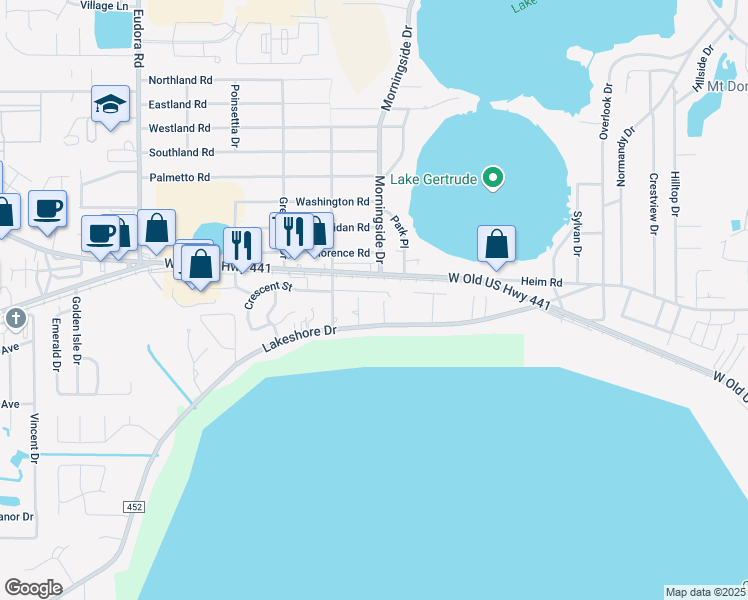 map of restaurants, bars, coffee shops, grocery stores, and more near 2002 Arbor Way in Mount Dora