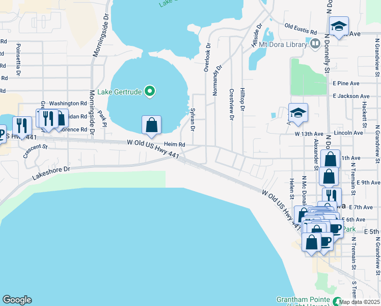 map of restaurants, bars, coffee shops, grocery stores, and more near 1400 West Old US Highway 441 in Mount Dora
