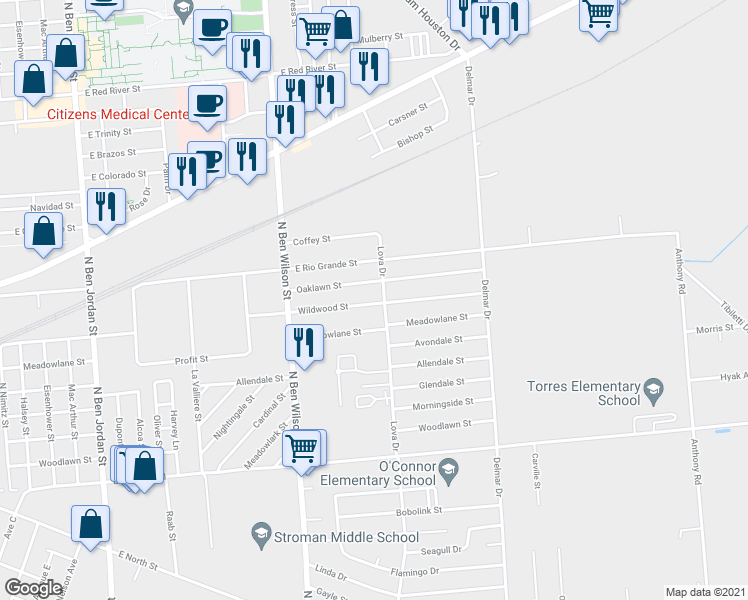 map of restaurants, bars, coffee shops, grocery stores, and more near 3208 Wildwood Street in Victoria