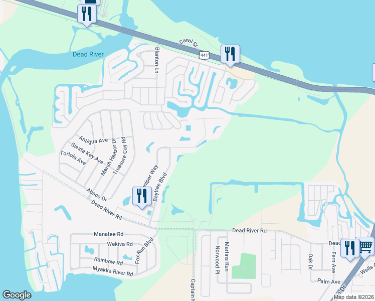 map of restaurants, bars, coffee shops, grocery stores, and more near 594 Juniper Way in Tavares