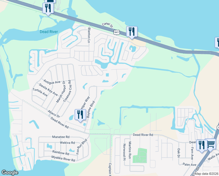 map of restaurants, bars, coffee shops, grocery stores, and more near 594 Juniper Way in Tavares
