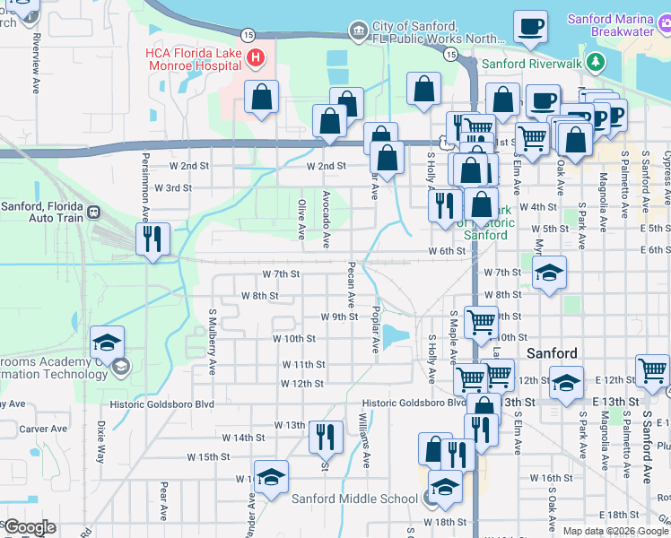 map of restaurants, bars, coffee shops, grocery stores, and more near 1201 West 7th Street in Sanford