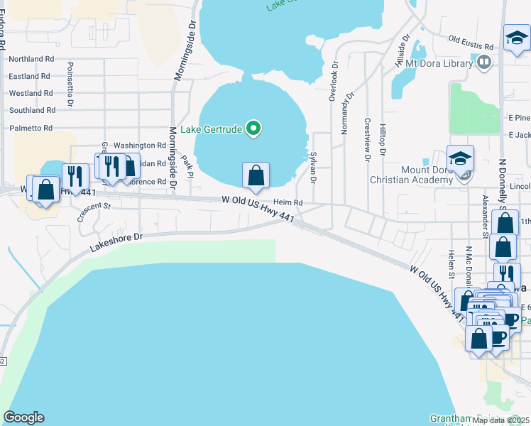 map of restaurants, bars, coffee shops, grocery stores, and more near 1357 Lakeshore Drive in Mount Dora