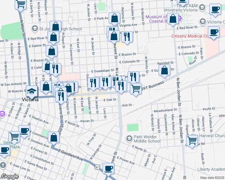 map of restaurants, bars, coffee shops, grocery stores, and more near 1211 1/2 East Rio Grande Street in Victoria