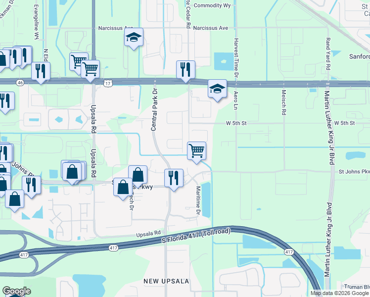 map of restaurants, bars, coffee shops, grocery stores, and more near 328 Cedar Bark Lane in Sanford