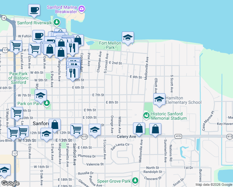 map of restaurants, bars, coffee shops, grocery stores, and more near 701 Orange Boulevard in Sanford