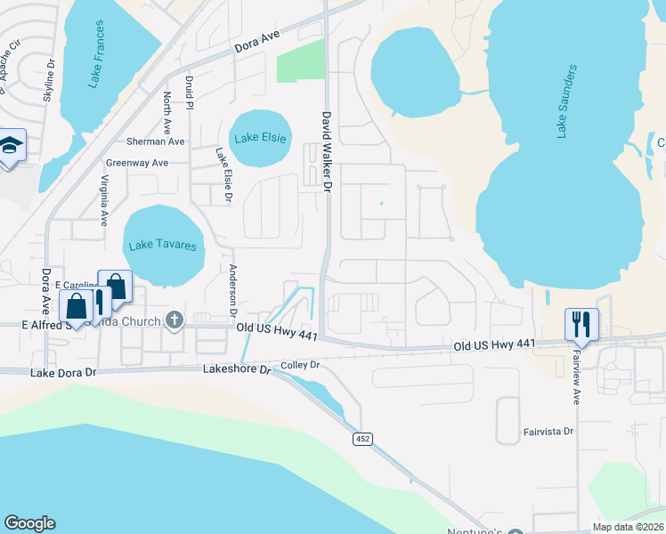 map of restaurants, bars, coffee shops, grocery stores, and more near 2203 Bracknell Forest Trail in Tavares