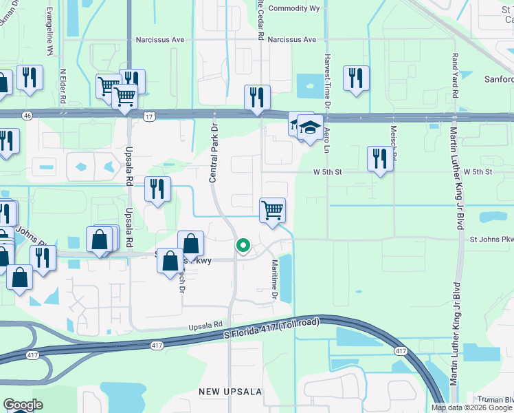 map of restaurants, bars, coffee shops, grocery stores, and more near 328 Cedar Bark Lane in Sanford
