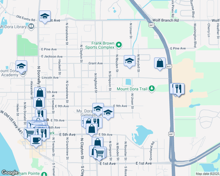map of restaurants, bars, coffee shops, grocery stores, and more near 1130 Robin Hood Court in Mount Dora