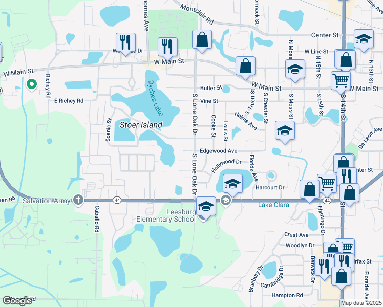 map of restaurants, bars, coffee shops, grocery stores, and more near 601 South Lone Oak Drive in Leesburg