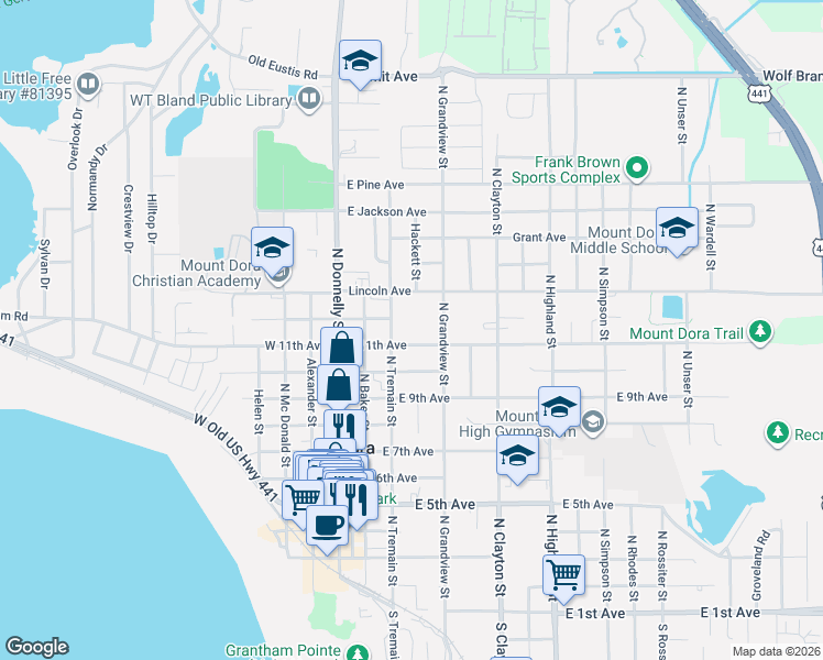 map of restaurants, bars, coffee shops, grocery stores, and more near 315 East 11th Avenue in Mount Dora