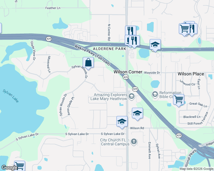 map of restaurants, bars, coffee shops, grocery stores, and more near 229 Capri Cove Place in Sanford
