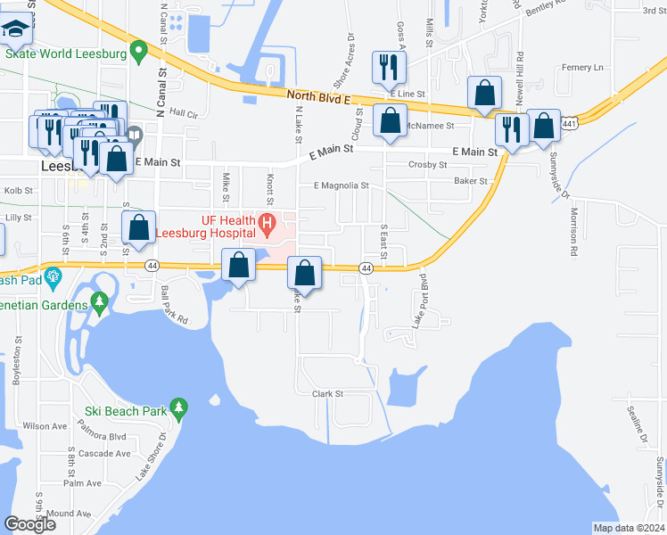map of restaurants, bars, coffee shops, grocery stores, and more near 826 East Dixie Avenue in Leesburg
