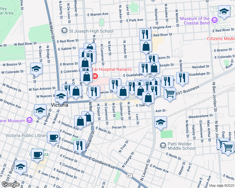 map of restaurants, bars, coffee shops, grocery stores, and more near 805 East Nueces Street in Victoria