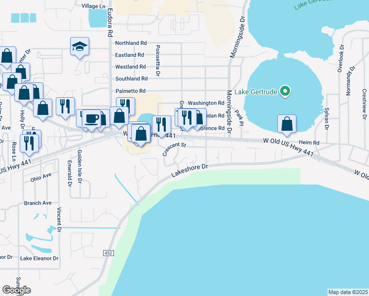 map of restaurants, bars, coffee shops, grocery stores, and more near 2380 Crescent Street in Mount Dora