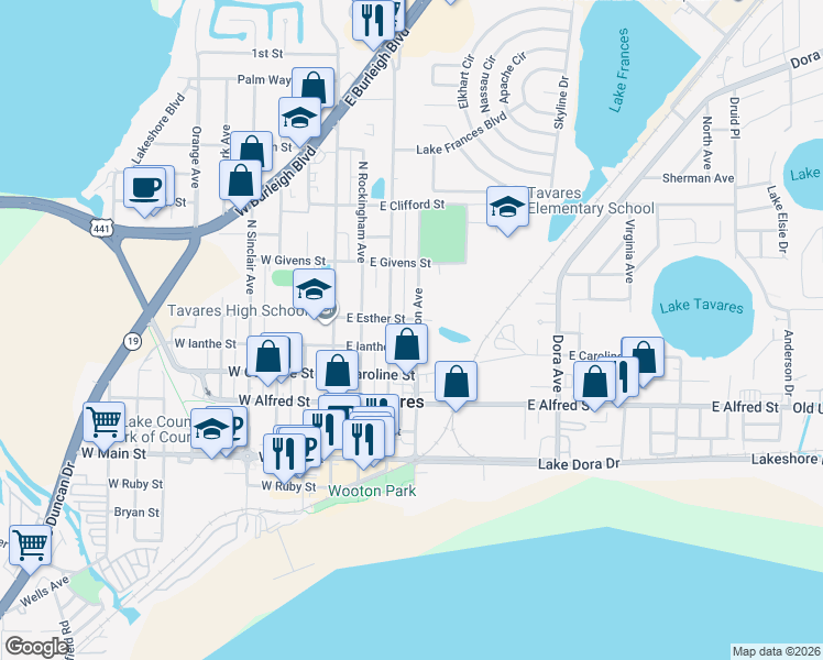 map of restaurants, bars, coffee shops, grocery stores, and more near 420 North Disston Avenue in Tavares