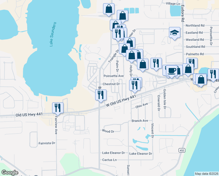 map of restaurants, bars, coffee shops, grocery stores, and more near 112 Ixora Avenue in Mount Dora