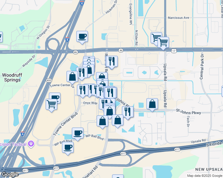 map of restaurants, bars, coffee shops, grocery stores, and more near 1751 Rinehart Road in Sanford