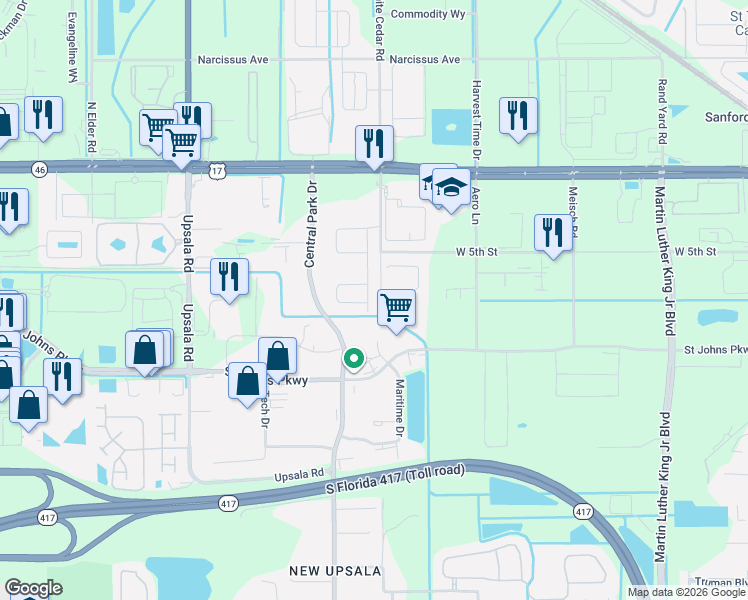 map of restaurants, bars, coffee shops, grocery stores, and more near 328 Cedar Bark Lane in Sanford