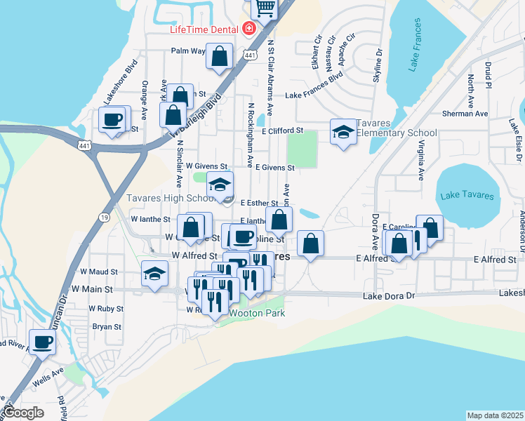 map of restaurants, bars, coffee shops, grocery stores, and more near 423 North Saint Clair Abrams Avenue in Tavares