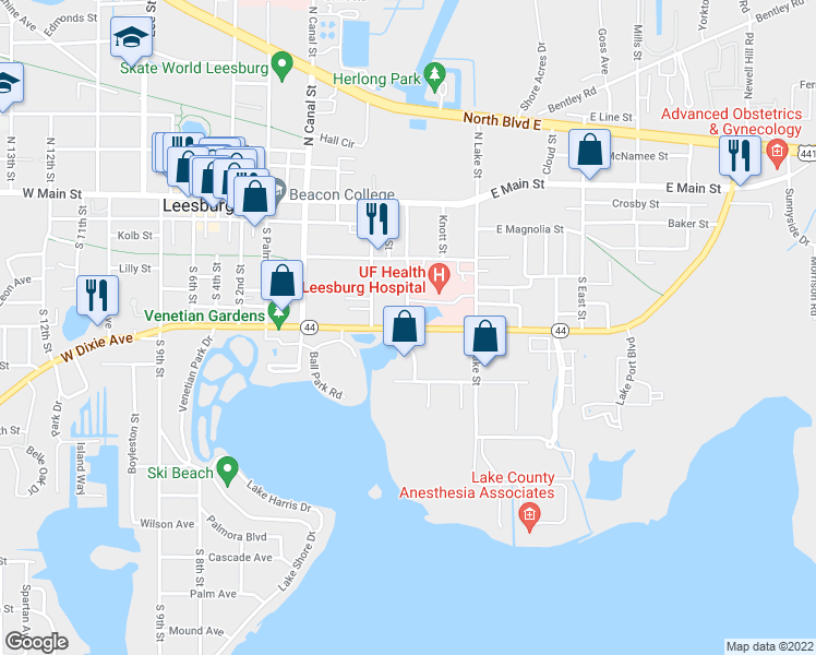 map of restaurants, bars, coffee shops, grocery stores, and more near 550 East Dixie Avenue in Leesburg