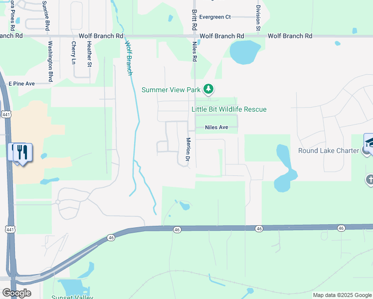 map of restaurants, bars, coffee shops, grocery stores, and more near 1365 Merion Drive in Mount Dora