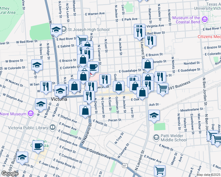 map of restaurants, bars, coffee shops, grocery stores, and more near in Victoria