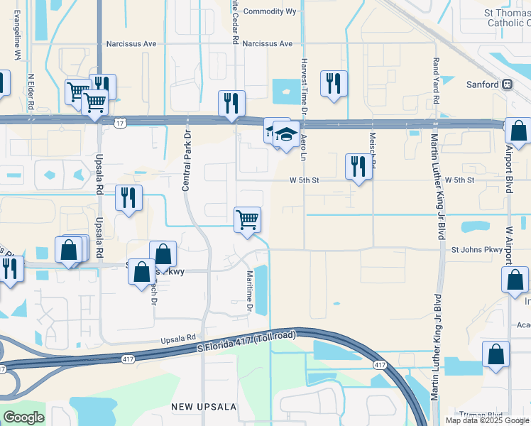 map of restaurants, bars, coffee shops, grocery stores, and more near 3700 Saint Johns Parkway in Sanford