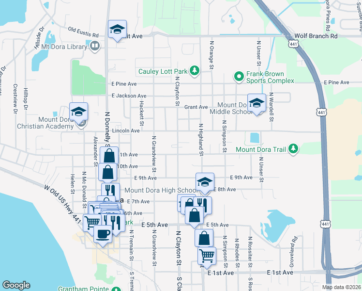 map of restaurants, bars, coffee shops, grocery stores, and more near 1150 North Clayton Street in Mount Dora