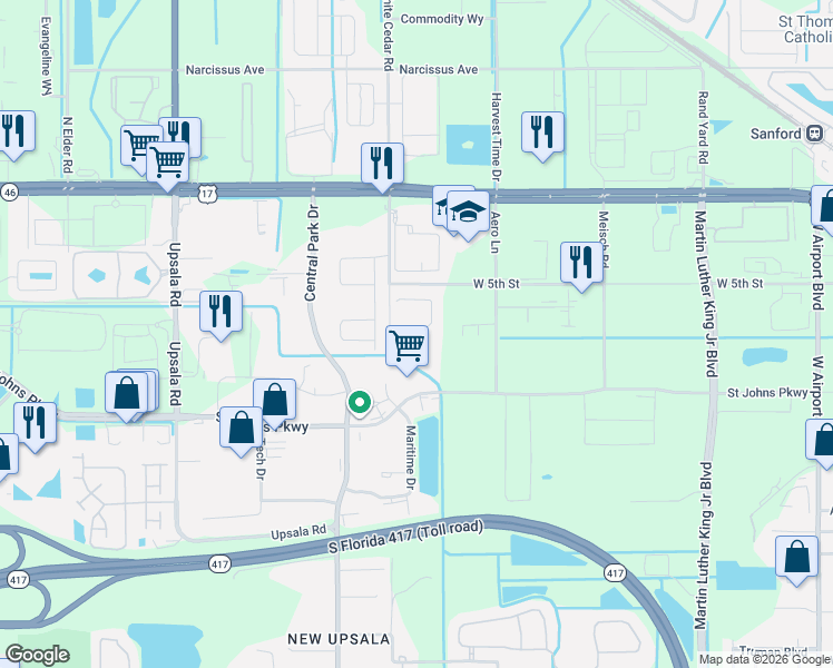 map of restaurants, bars, coffee shops, grocery stores, and more near 361 South White Cedar Road in Sanford