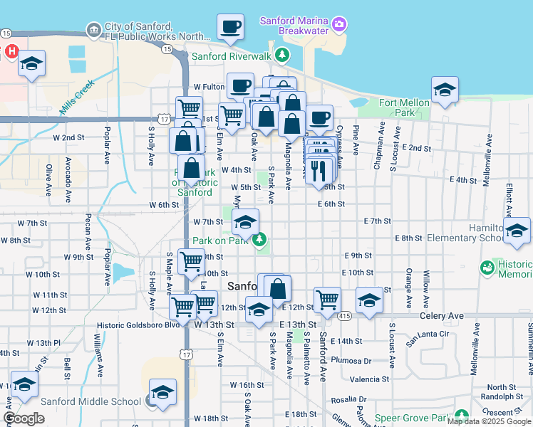 map of restaurants, bars, coffee shops, grocery stores, and more near 700 South Park Avenue in Sanford