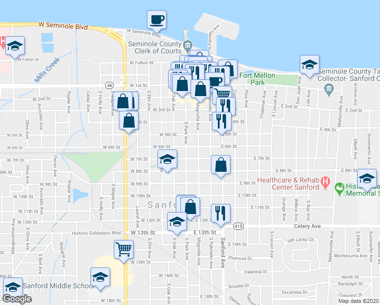 map of restaurants, bars, coffee shops, grocery stores, and more near 700 Magnolia Avenue in Sanford