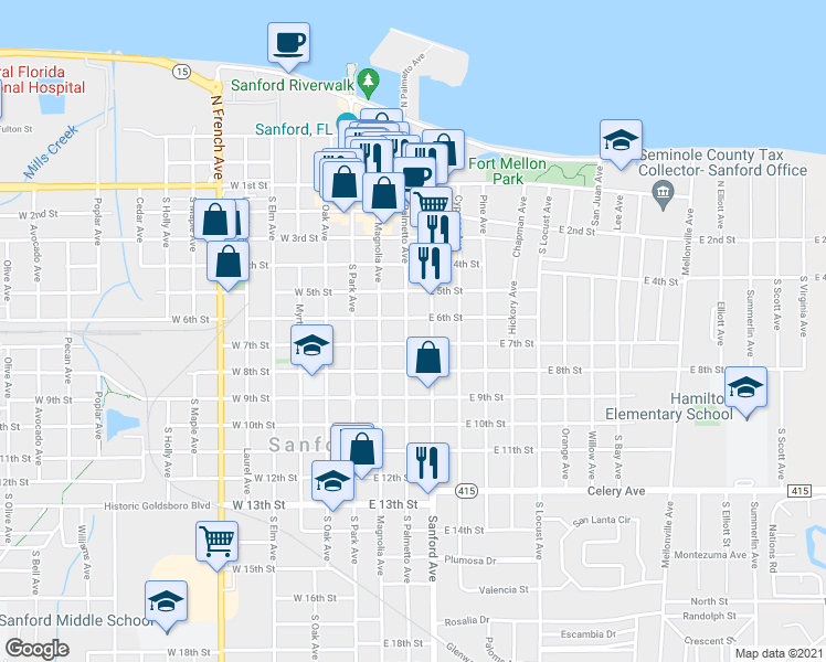 map of restaurants, bars, coffee shops, grocery stores, and more near 609 South Palmetto Avenue in Sanford